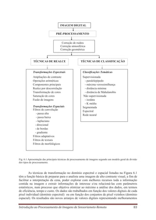 IMAGEM DIGITAL
PRÉ-PROCESSAMENTO
Correção de ruídos
Correção atmosférica
Correção geométrica

TÉCNICAS DE REALCE

TÉCNICAS DE CLASSIFICAÇÃO

Transformações Espectrais

Classificações Temáticas

Ampliações de contraste
Operações aritméticas
Componentes principais
Realce por descorrelação
Transformação de cores
Saturação de cores
Fusão de imagens

Supervisionada
- paralelepípedo
- máxima verossimilhança
- distância mínima
- distância de Mahalanobis
Não supervisionada
- isodata
- K média
Segmentada
Espectral
Rede neural

Transformações Espaciais
Filtros de convolução
- passa alta
- passa baixa
- laplaciano
- direcional
- de bordas
- gradiente
Filtros adaptativos
Filtros de textura
Filtros de morfológicos

Fig. 6.1 Apresentação das principais técnicas de processamento de imagens segundo um modelo geral de divisão
dos tipos de processamento.

As técnicas de transformação no domínio espectral e espacial listadas na Figura 6.1
têm a função básica de preparar para o analista uma imagem de alto contraste visual, a fim de
facilitar a interpretação da cena, poder explorar com melhores recursos toda a informação
contida na imagem e extrair informações de interesse e/ou relacioná-las com parâmetros
estatísticos, num processo que objetiva otimizar ao máximo a análise dos dados, em termos
de eficiência, tempo e custo. Os dados são trabalhados em função dos valores digitais de cada
pixel individual (domínio espectral) ou em função dos conjuntos de pixel vizinhos (domínio
espacial). Os resultados são novos arranjos de valores digitais representando melhoramentos
Introdução ao Processamento de Imagens de Sensoriameto Remoto

83

 