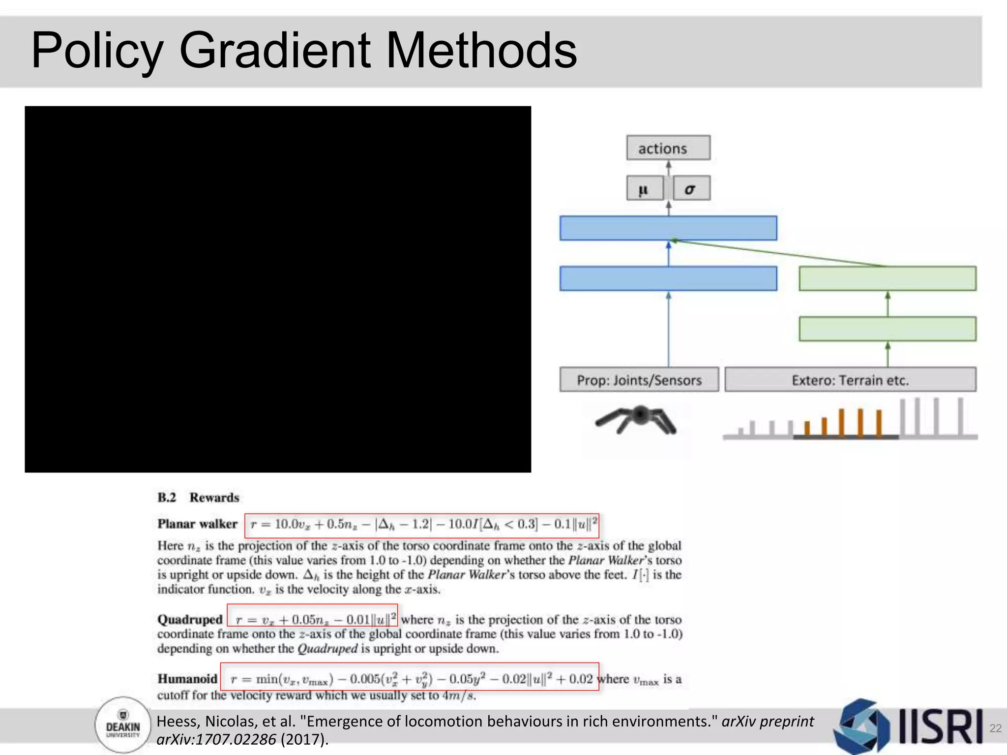 Policy Gradient Methods
22
Heess, Nicolas, et al. "Emergence of locomotion behaviours in rich environments." arXiv preprint
arXiv:1707.02286 (2017).
 