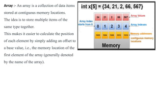 Array :- An array is a collection of data items
stored at contiguous memory locations.
The idea is to store multiple items of the
same type together.
This makes it easier to calculate the position
of each element by simply adding an offset to
a base value, i.e., the memory location of the
first element of the array (generally denoted
by the name of the array).
 