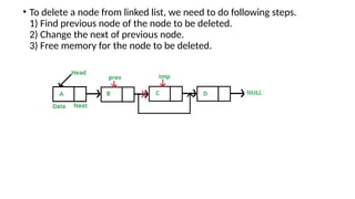 • To delete a node from linked list, we need to do following steps.
1) Find previous node of the node to be deleted.
2) Change the next of previous node.
3) Free memory for the node to be deleted.
 