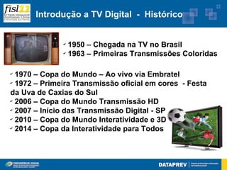 Introdução a TV Digital - Histórico


              ✔
                1950 – Chegada na TV no Brasil
              ✔
                1963 – Primeiras Transmissões Coloridas

✔
  1970 – Copa do Mundo – Ao vivo via Embratel
✔
  1972 – Primeira Transmissão oficial em cores - Festa
da Uva de Caxias do Sul
✔
  2006 – Copa do Mundo Transmissão HD
✔
  2007 – Início das Transmissão Digital - SP
✔
  2010 – Copa do Mundo Interatividade e 3D
✔
  2014 – Copa da Interatividade para Todos
 