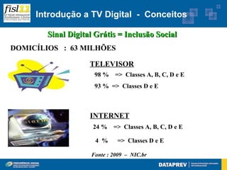 Introdução a TV Digital - Conceitos

        Sinal Digital Grátis = Inclusão Social
DOMICÍLIOS : 63 MILHÕES

                    TELEVISOR
                     98 %    => Classes A, B, C, D e E
                     93 % => Classes D e E



                    INTERNET
                     24 %   => Classes A, B, C, D e E

                      4 %    => Classes D e E

                    Fonte : 2009 – NIC.br
 