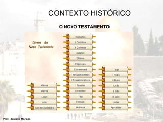 CONTEXTO HISTÓRICOA COMPOSIÇÃO DO NOVO TESTAMENTOO Novo Testamento forma a Parte II da Bíblia e contém vinte e sete livros. Antigo e Novo Testamento são designações cristãs, e não judaicas, pois os judeus só aceitam como Escritura os livros do Antigo Testamento."Novo Testamento" quer dizer, de fato, "Novo Pacto", em contraste com a  antiga  aliança  (de  acordo  com a qual Deus perdoava transgressões àvista de sacrifícios de  animais, à  guisa de antecipação provisória daquele verdadeiramente adequado sacrifício de Cristo). Prof.  Josiano Moraes