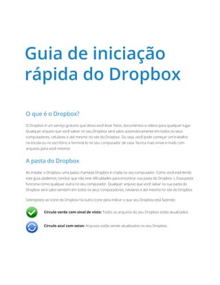 O que é o Dropbox?
O Dropbox é um serviço gratuito que deixa você levar fotos, documentos e vídeos para qualquer lugar.
Qualquer arquivo que você salvar no seu Dropbox será salvo automaticamente em todos os seus
computadores, celulares e até mesmo no site do Dropbox. Ou seja, você pode começar um trabalho
naescola ou no escritório e terminá-lo no seu computador de casa. Nunca mais envie e-mails com
arquivos para você mesmo!
A pasta do Dropbox
Ao instalar o Dropbox, uma pasta chamada Dropbox é criada no seu computador. Como você está lendo
este guia, podemos concluir que não teve dificuldades para encontrar sua pasta do Dropbox :). Essa pasta
funciona como qualquer outra no seu computador. Qualquer arquivo que você salvar na sua pasta do
Dropbox será salvo também em todos os seus computadores, celulares e até mesmo no site do Dropbox.
Sobreposto ao ícone do Dropbox há outro ícone para indicar o que seu Dropbox está fazendo:
Círculo verde com sinal de visto: Todos os arquivos do seu Dropbox estão atualizados.
Círculo azul com setas: Arquivos estão sendo atualizados no seu Dropbox.
Guia de iniciação
rápida do Dropbox
 