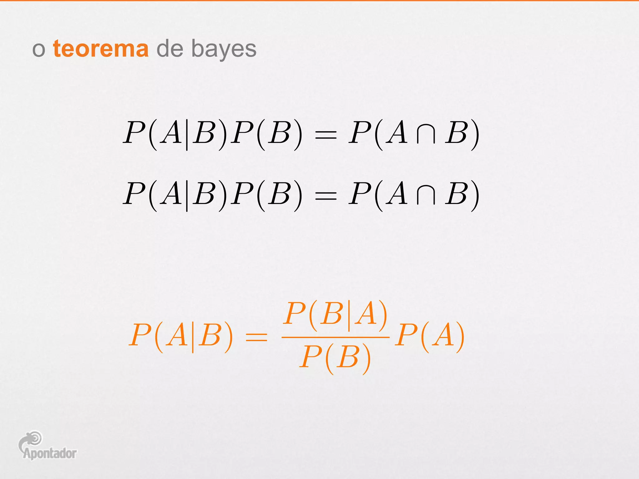 o teorema de bayes
P(A|B)P(B) = P(A  B)
P(A|B)P(B) = P(A  B)
P(A|B) =
P(B|A)
P(B)
P(A)
 