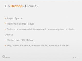 •  Projeto Apache
•  Framework de MapReduce
•  Sistema de arquivos distribuido entre todas as máquinas do cluster
(HDFS)
•  Hbase, Hive, PIG, Mahout
•  Yelp, Yahoo, Facebook, Amazon, Netflix, Apontador & Maplink
14 de 21
E o Hadoop? O que é?
 