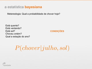 a estatística bayesiana
Metereologia: Qual a probabilidade de chover hoje?
Está quente?
Está ventando?
Está sol?
Choveu ontém?
Qual a estação do ano?
CONDIÇÕES
P(chover|julho, sol)
 