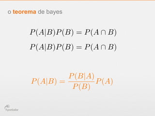 o teorema de bayes
P(A|B)P(B) = P(A  B)
P(A|B)P(B) = P(A  B)
P(A|B) =
P(B|A)
P(B)
P(A)
 