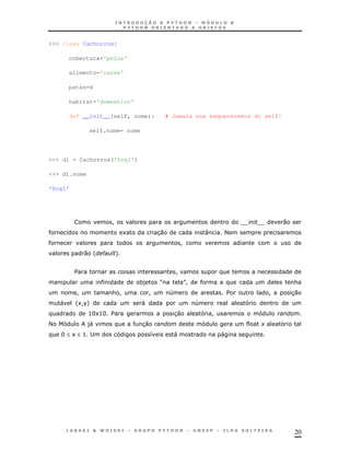 20
>>> class Cachorros:
cobertura='pelos'
alimento='carne'
patas=4
habitat='domestico'
def __init__(self, nome): # Jamais nos esqueceremos do self!
self.nome= nome
>>> d1 = Cachorros('Dog1')
>>> d1.nome
'Dog1'
! 0
1 30 : <
!
0 ' " +
$ !
*) R S! &
! & ! ! 4 $ ! 30
" '1!%+ " 4
>W1>W $ 30 !
< )" 30 +
W≤ 1≤ > ; 8 " "
 