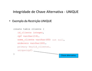 Integridade de Chave Alternativa - UNIQUE
• Exemplo da Restrição UNIQUE
create table cliente (
id_cliente integer,
cpf varchar(14),
nome_cliente varchar(60)
endereco varchar(60),
primary key(id_cliente),
unique(cpf)
not null,
)
Chave alternativa.
 