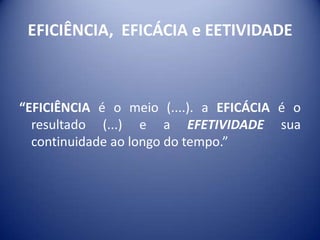 EFICIÊNCIA, EFICÁCIA e EETIVIDADE
“EFICIÊNCIA é o meio (....). a EFICÁCIA é o
resultado (...) e a EFETIVIDADE sua
continuidade ao longo do tempo.”
 