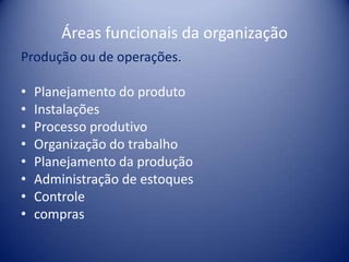 Áreas funcionais da organização
Produção ou de operações.
• Planejamento do produto
• Instalações
• Processo produtivo
• Organização do trabalho
• Planejamento da produção
• Administração de estoques
• Controle
• compras
 