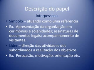 Descrição do papel
Interpessoais
• Símbolo – atuando como uma referencia
• Ex. Apresentação da organização em
cerimônias e solenidades; assinaturas de
documentos legais; acompanhamento de
visitantes.
• Líder – direção das atividades dos
subordinados a realização dos objetivos
• Ex. Persuasão, motivação, orientação etc.
 