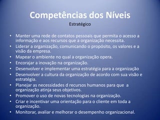 Competências dos Níveis
Estratégico
• Manter uma rede de contatos pessoais que permita o acesso a
informação e aos recursos que a organização necessita.
• Liderar a organização, comunicando o propósito, os valores e a
visão da empresa.
• Mapear o ambiente no qual a organização opera.
• Encorajar a inovação na organização.
• Desenvolver e implementar uma estratégia para a organização
• Desenvolver a cultura da organização de acordo com sua visão e
estratégia.
• Planejar as necessidades d recursos humanos para que a
organização atinja seus objetivos.
• Promover o uso de novas tecnologias na organização.
• Criar e incentivar uma orientação para o cliente em toda a
organização.
• Monitorar, avaliar e melhorar o desempenho organizacional.
 