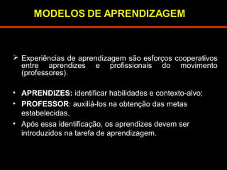  Experiências de aprendizagem são esforços cooperativos 
entre aprendizes e profissionais do movimento 
(professores). 
• APRENDIZES: identificar habilidades e contexto-alvo; 
• PROFESSOR: auxiliá-los na obtenção das metas 
estabelecidas. 
• Após essa identificação, os aprendizes devem ser 
introduzidos na tarefa de aprendizagem. 
 