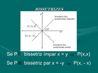 BISSETRIZES Se P  bissetriz ímpar x = y  P(x,x) Se P  bissetriz par x = -y  P(x, - x) 