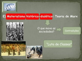 E) Materialismo histórico-dialético: Teoria de Marx

O que move as
sociedades?

Contradições

“Luta de Classes”

 