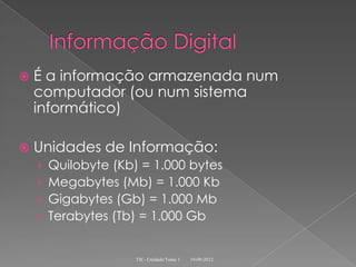    É a informação armazenada num
    computador (ou num sistema
    informático)

   Unidades de Informação:
    ›   Quilobyte (Kb) = 1.000 bytes
    ›   Megabytes (Mb) = 1.000 Kb
    ›   Gigabytes (Gb) = 1.000 Mb
    ›   Terabytes (Tb) = 1.000 Gb


                      TIC- Unidade/Tema 1   19-09-2012
 