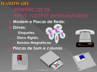 HARDWARE


   Modem e Placas de Rede;
   Drives:
      › Disquetes,
      › Disco Rígido,
      › Bandas Magnéticas;
     Placas de Som e colunas




                     TIC- Unidade/Tema 1   19-09-2012
 