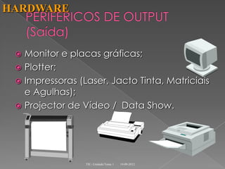 HARDWARE


  Monitor e placas gráficas;
  Plotter;
  Impressoras (Laser, Jacto Tinta, Matriciais
   e Agulhas);
  Projector de Vídeo / Data Show.




                 TIC- Unidade/Tema 1   19-09-2012
 