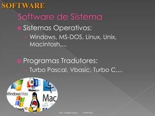 SOFTWARE

   Sistemas   Operativos:
    › Windows, MS-DOS, Linux, Unix,
     Macintosh,...

   Programas    Tradutores:
    › Turbo Pascal, Vbasic, Turbo C,...




                TIC- Unidade/Tema 1   19-09-2012
 