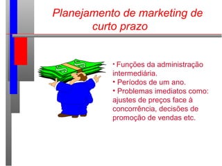 Planejamento de marketing de
curto prazo
• Funções da administração
intermediária.
• Períodos de um ano.
• Problemas imediatos como:
ajustes de preços face à
concorrência, decisões de
promoção de vendas etc.
 