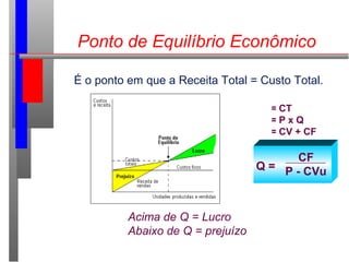 Ponto de Equilíbrio Econômico
RT = CT
RT = P x Q
CT = CV + CF
Acima de Q = Lucro
Abaixo de Q = prejuízo
É o ponto em que a Receita Total = Custo Total.
Q =
CF
P - CVu
 