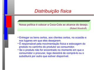 Distribuição física
Nossa política é colocar a Coca-Cola ao alcance do desejo.
(Robert Woodruff)
• Entregar os bens certos, aos clientes certos, na ocasião e
nos lugares em que eles desejarem.
• É responsável pela movimentação física e estocagem do
produto no caminho do produtor ao consumidor.
• Se o produto não for encontrado no momento em que o
consumidor o procurar, logo desistirá de comprá-lo ou o
substituirá por outro que estiver disponível.
 