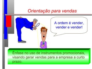 Orientação para vendas
A ordem é vender,
vender e vender!
Ênfase no uso de instrumentos promocionais,
visando gerar vendas para a empresa a curto
prazo.
 
