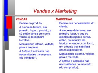 Vendas x Marketing
VENDAS
Ênfase no produto.
A empresa fabrica, em
primeiro lugar o produto, e
só então pensa em como
vendê-lo de maneira
lucrativa.
Mentalidade interna, voltada
para a empresa.
A ênfase é colocada nas
necessidades da empresa
(do vendedor).
MARKETING
Ênfase nas necessidades do
cliente.
A empresa determina, em
primeiro lugar, o que os
clientes desejam e pensa,
então, na maneira de
fabricar e vender, com lucro,
um produto que satisfaça
essas expectativas.
Mentalidade externa, voltada
para o mercado
A ênfase é colocada nas
necessidades do mercado
(do comprador).
 