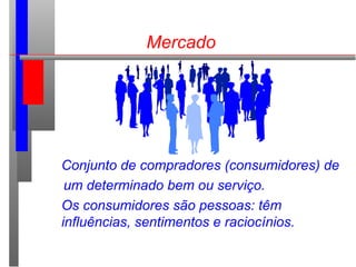 Mercado
Conjunto de compradores (consumidores) de
um determinado bem ou serviço.
Os consumidores são pessoas: têm
influências, sentimentos e raciocínios.
 