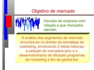 Objetivo de mercado
Decisão da empresa com
relação a que mercados
atender.
A análise dos segmentos de mercado
encontra-se no âmbito da estratégia de
marketing, envolvendo 2 idéias básicas:
a seleção de mercados-alvo e o
desenvolvimento de eficazes programas
de marketing a fim de ganhá-los.
 