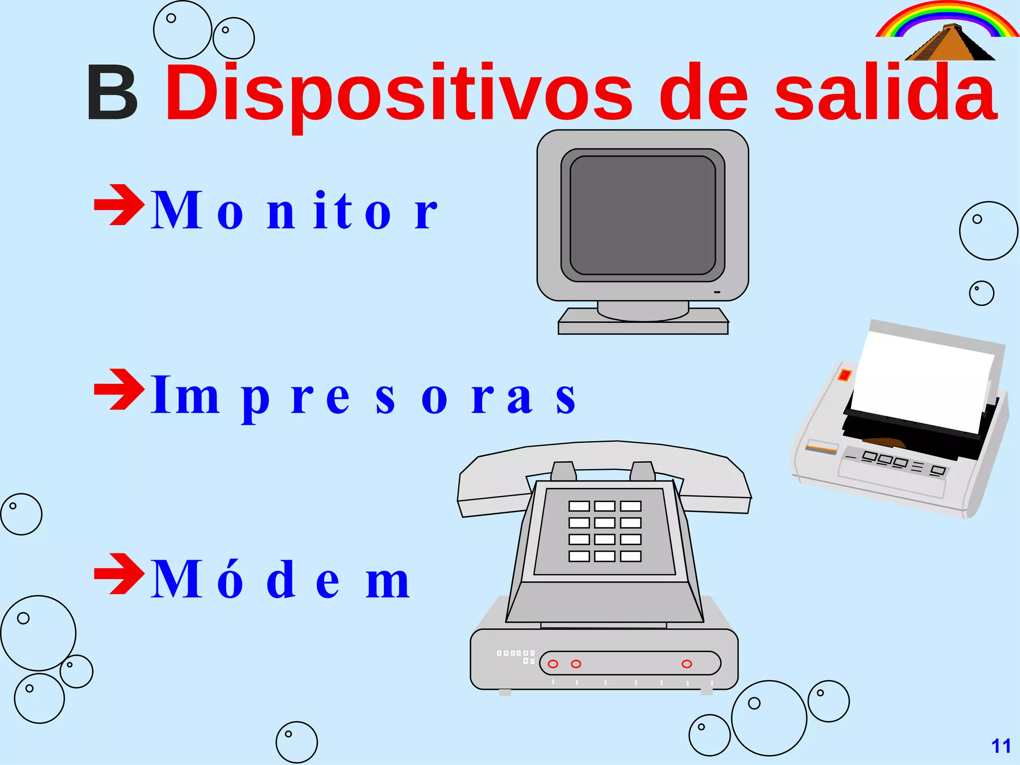 B   Dispositivos de salida Monitor Impresoras Módem 11 