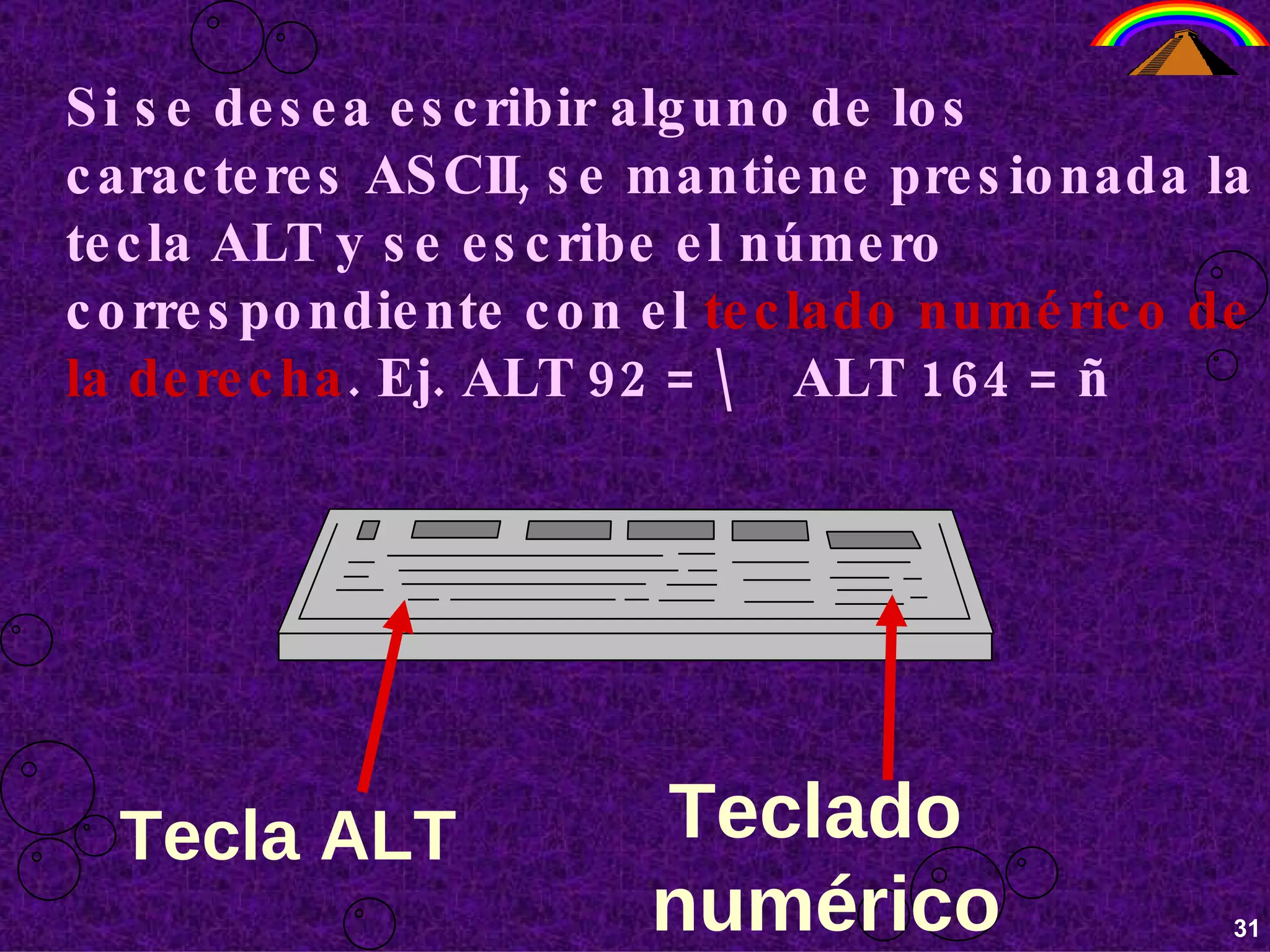 Si se desea escribir alguno de los caracteres ASCII, se mantiene presionada la tecla ALT y se escribe el número correspondiente con el  teclado numérico de la derecha . Ej. ALT 92 = \  ALT 164 = ñ  Tecla ALT Teclado  numérico 31 