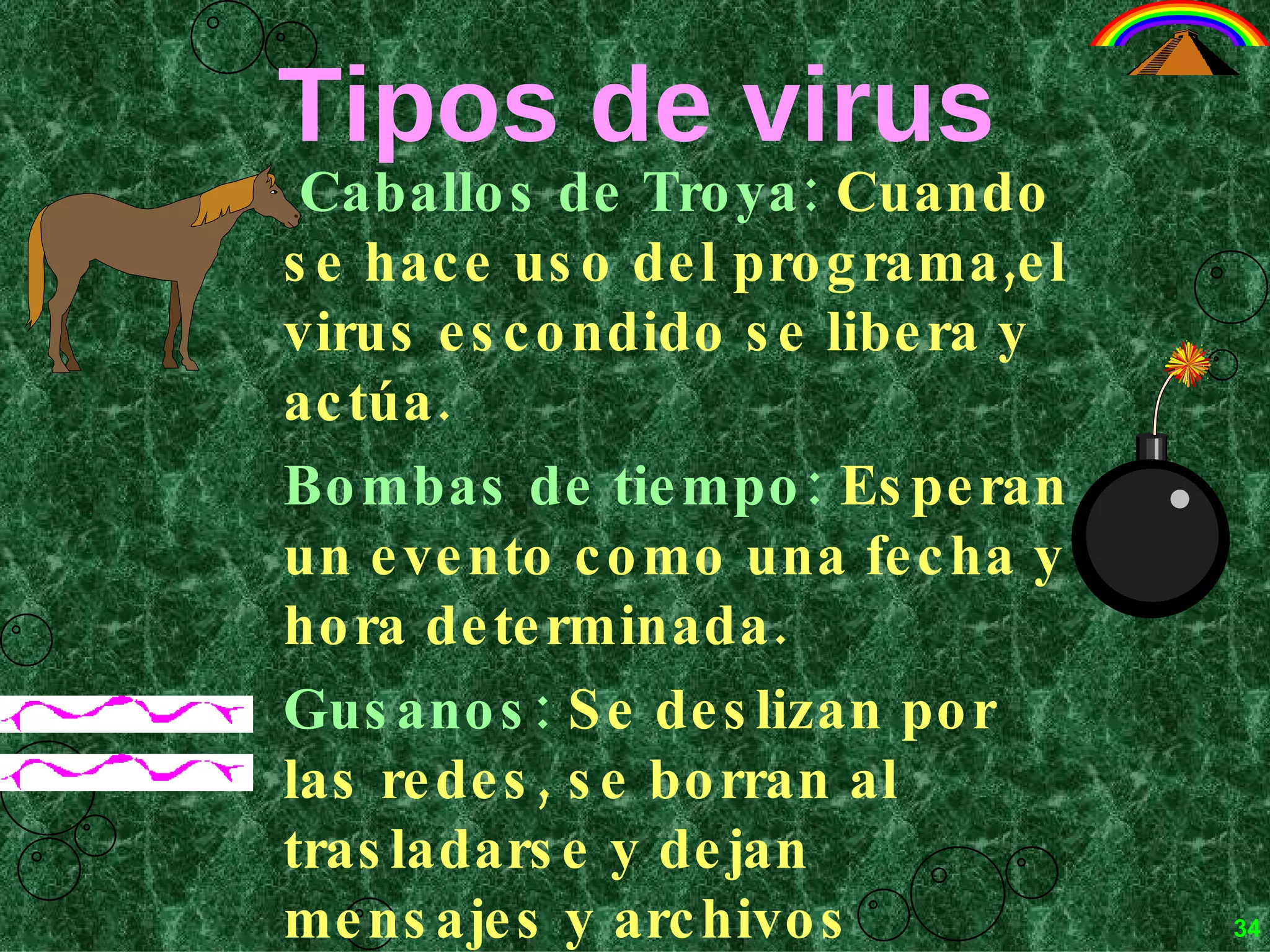 Tipos de virus Caballos de Troya:  Cuando se hace uso del programa,el virus escondido se libera y actúa. Bombas de tiempo:   Esperan un evento como una fecha y hora determinada. Gusanos:   Se deslizan por las redes, se borran al trasladarse y dejan mensajes y archivos inservibles.   34 