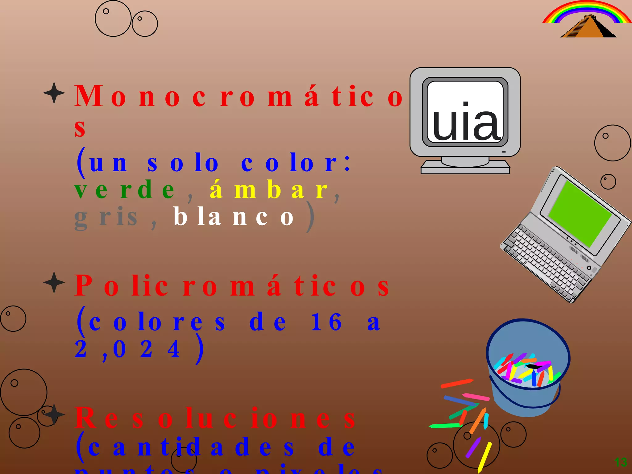 Monocromáticos   (un solo color:   verde ,   ámbar ,   gris,   blanco ) Policromáticos   (colores de 16 a 2,024) Resoluciones   (cantidades de puntos o pixeles en la pantalla) 13 uia 