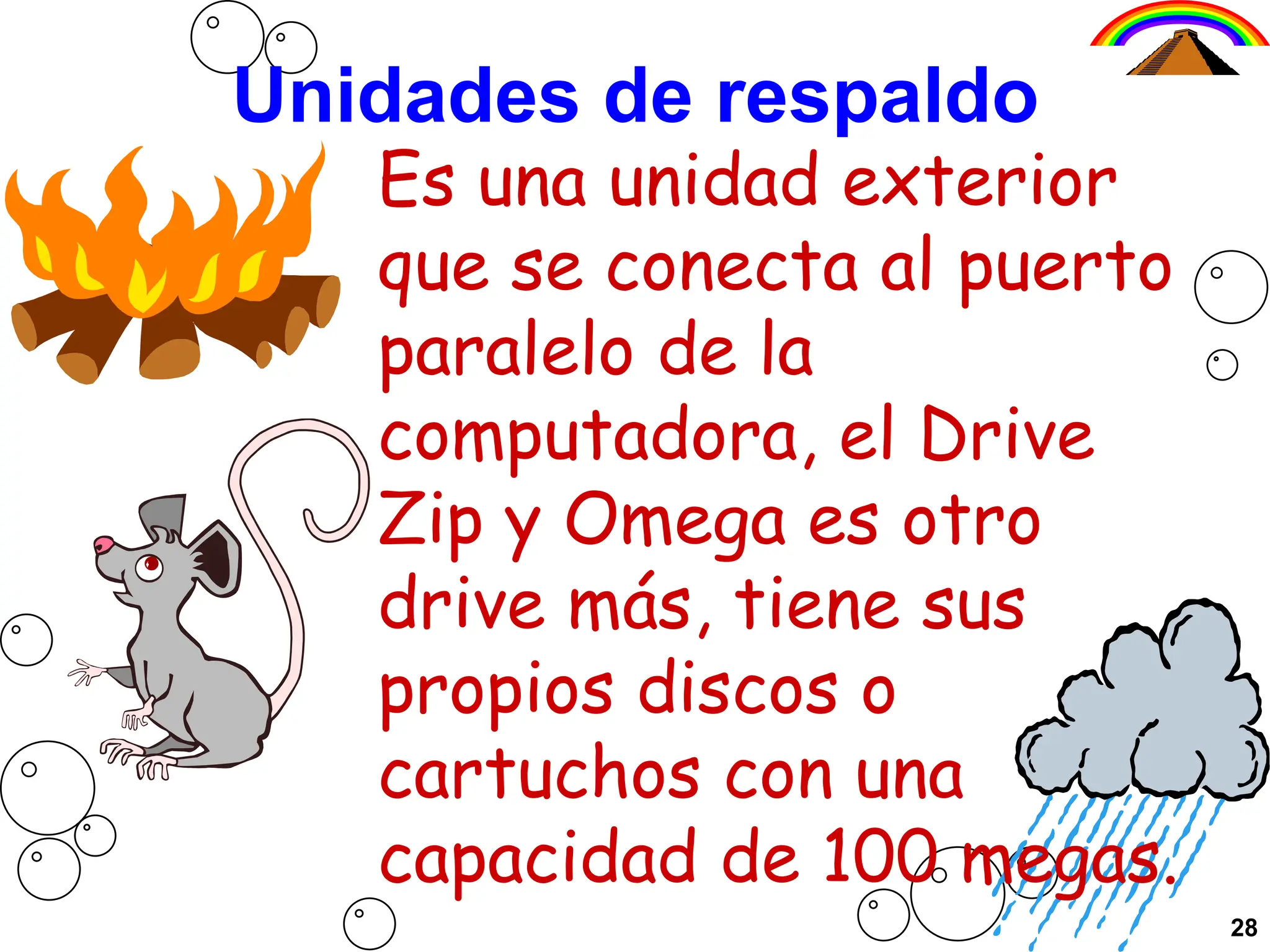 Unidades de respaldo
Es una unidad exterior
que se conecta al puerto
paralelo de la
computadora, el Drive
Zip y Omega es otro
drive más, tiene sus
propios discos o
cartuchos con una
capacidad de 100 megas.
28
 