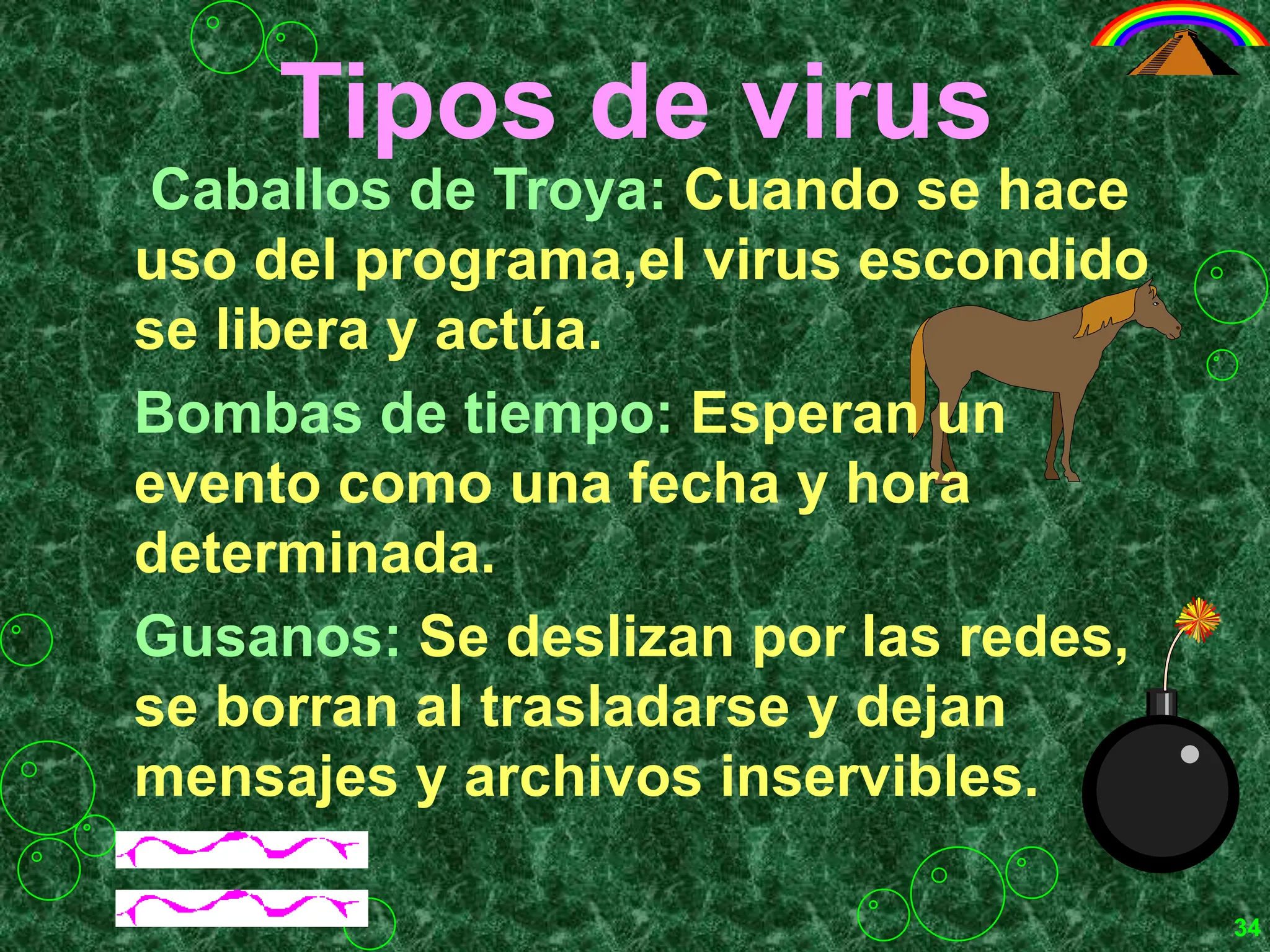 Tipos de virus
Caballos de Troya: Cuando se hace
uso del programa,el virus escondido
se libera y actúa.
Bombas de tiempo: Esperan un
evento como una fecha y hora
determinada.
Gusanos: Se deslizan por las redes,
se borran al trasladarse y dejan
mensajes y archivos inservibles.
34
 