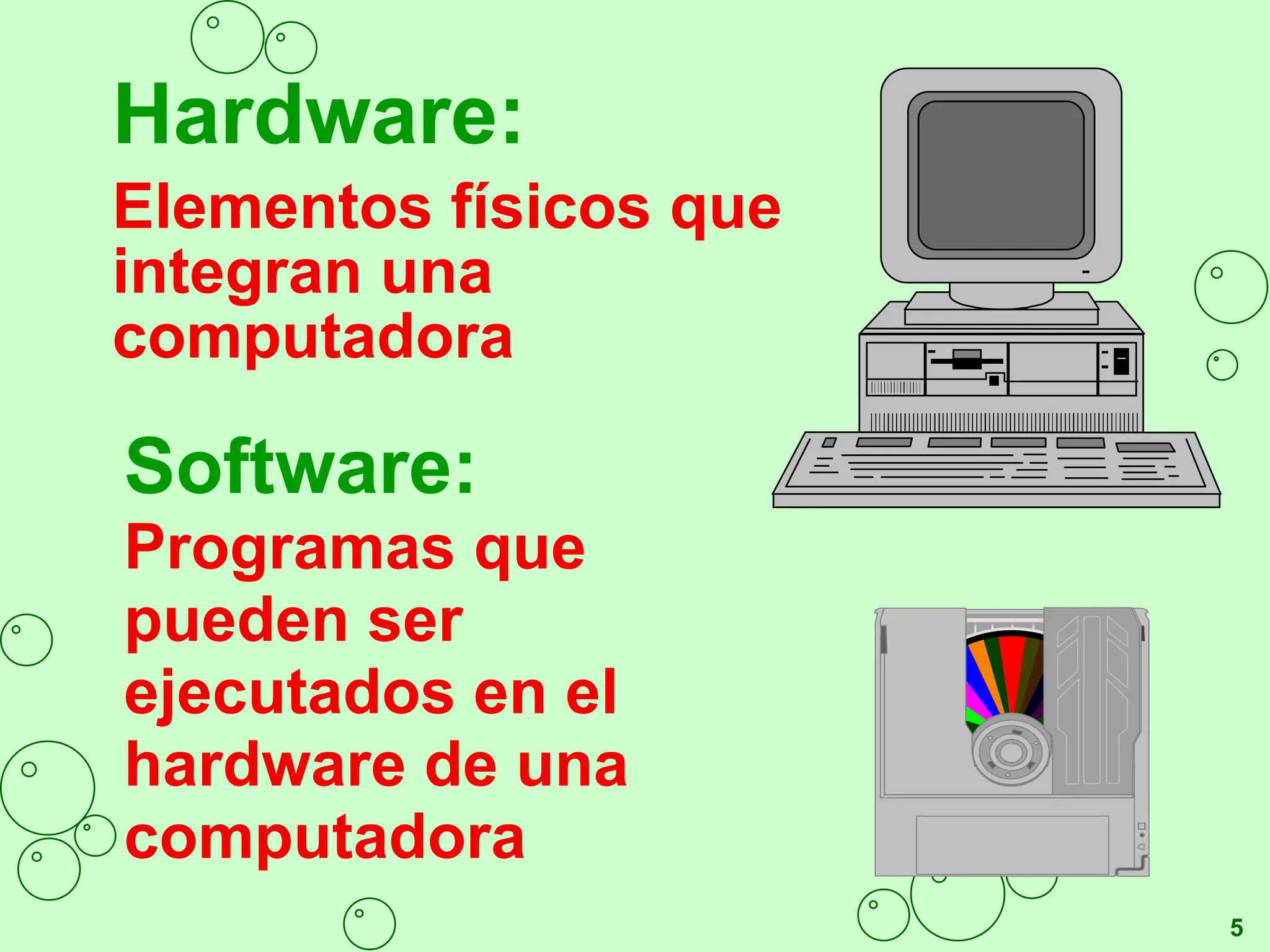 Hardware:
Elementos físicos que
integran una
computadora
5
Software:
Programas que
pueden ser
ejecutados en el
hardware de una
computadora
 