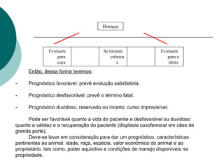 Doenças
Evoluem
para
cura
Se tornam
crônica
s
Evoluem
para o
óbito
Então, dessa forma teremos:
- Prognóstico favorável: prevê evolução satisfatória.
- Prognóstico desfavorável: prevê o término fatal.
- Prognóstico duvidoso, reservado ou incerto: curso imprevisível.
Pode ser favorável quanto a vida do paciente e desfavorável ou duvidoso
quanto a validez e a recuperação do paciente (displasia coxofemoral em cães de
grande porte).
Deve-se levar em consideração para dar um prognóstico, características
pertinentes ao animal: idade, raça, espécie, valor econômico do animal e ao
proprietário, tais como, poder aquisitivo e condições de manejo disponíveis na
propriedade.
 