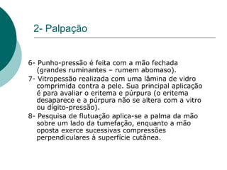 2- Palpação
6- Punho-pressão é feita com a mão fechada
(grandes ruminantes – rumem abomaso).
7- Vitropessão realizada com uma lâmina de vidro
comprimida contra a pele. Sua principal aplicação
é para avaliar o eritema e púrpura (o eritema
desaparece e a púrpura não se altera com a vitro
ou dígito-pressão).
8- Pesquisa de flutuação aplica-se a palma da mão
sobre um lado da tumefação, enquanto a mão
oposta exerce sucessivas compressões
perpendiculares à superfície cutânea.
 