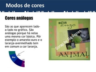 Cores análogas
São as que aparecem lado-
a-lado no gráfico. São
análogas porque há nelas
uma mesma cor básica. Pôr
exemplo o amarelo-ouro e o
laranja-avermelhado tem
em comum a cor laranja.
Modos de cores
 