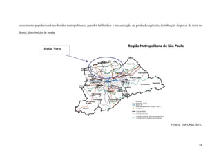 18
crescimento populacional nas bordas metropolitanas; grandes latifúndios e mecanização da produção agrícola; distribuição da posse da terra no
Brasil; distribuição de renda.
FONTE: EMPLASA, SITE.
Região Norte
Região Metropolitana de São Paulo
 