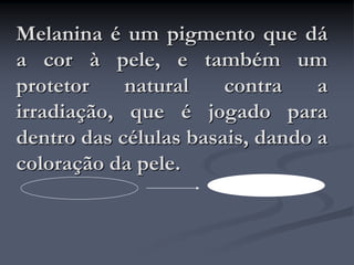 Melanina é um pigmento que dá
a cor à pele, e também um
protetor natural contra a
irradiação, que é jogado para
dentro das células basais, dando a
coloração da pele.
 