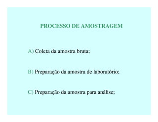 PROCESSO DE AMOSTRAGEM
A) Coleta da amostra bruta;
B) Preparação da amostra de laboratório;
C) Preparação da amostra para análise;
 
