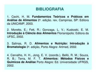 BIBLIOGRAFIA
1. Cechi, H. M. Fundamentos Teóricos e Práticos em
Análise de Alimentos 2a. edição. rev, Campinas, SP: Editora
da UNICAMP, 2003.
2. Moretto, E.; Fett, R.; Gonzaga, L. V.; Kuskoski, E. M.
Introdução à Ciência dos Alimentos Florianópolis: Editora da
UFSC, 2002.
3. Salinas, R. D. Alimentos e Nutrição: Introdução à
Bromatologia 3a. edição, Porto Alegre: Artmed, 2002.
4. Carvalho, H. H., Jong, E. V. (coords.), Belló, R. M.; Souza,
R. B.; Terra, M. F. T. Alimentos: Métodos Físicos e
Químicos de Análise Porto Alegre: Ed. Universidade UFRGS,
2002.
 