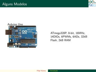 DO TAMANHO DO FUTURO
Alguns Modelos DO TAMANHO DO FUTURO
Arduino Uno
ATmega328P, 8-bit, 16MHz,
14DIOs, 6PWMs, 6ADs, 32kB
Flash, 2kB RAM
Filipi Vianna Introdu¸c˜ao
 