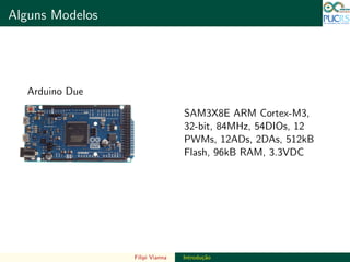DO TAMANHO DO FUTURO
Alguns Modelos DO TAMANHO DO FUTURO
Arduino Due
SAM3X8E ARM Cortex-M3,
32-bit, 84MHz, 54DIOs, 12
PWMs, 12ADs, 2DAs, 512kB
Flash, 96kB RAM, 3.3VDC
Filipi Vianna Introdu¸c˜ao
 
