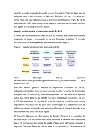 garantir a noção ampliada de saúde e como financiá-la. Pode-se dizer que as
reformas que potencializariam a Reforma Sanitária não se concretizaram.
Ainda hoje não está regulamentada a Emenda Constitucional n.º29, de 13 de
setembro de 2000, que assegura os recursos mínimos para o financiamento
das ações e serviços públicos de saúde.
Arranjo institucional e processo decisório do SUS
A forma de funcionamento do SUS, no que diz respeito aos atores das diversas
instâncias de poder, corresponde ao arranjo federativo brasileiro. O modelo
institucional e decisório pode ser resumido conforme a Figura 1.
Figura 1. Estrutura institucional e decisória do SUS
Fonte: Elaboração SAS/MS. Disponível
em:<www.dtr2001.saude.gov.br/sas/ddga/RelacoesNiveisGov_arquivos/frame.htm> apud
Machado et al, 2007.
Nas três esferas gestoras existem os respectivos Conselhos de Saúde,
colegiado participativo onde se dá o controle social. Há ainda as Comissões
Intergestores Tripartite (CIT), que reúne gestores das três esferas e Bipartite
(CIB), que reúne gestores do estado e de seus respectivos municípios. As CIT
e CIB são instâncias de negociação e de decisão e se constituem em canais
importantes de pactuação do SUS para a formulação e a implementação da
política de saúde, sobretudo nos aspectos referentes à descentralização e ao
financiamento do SUS e de suas ações.
O Conselho Nacional de Secretários de Saúde (Conass) é o conselho de
representação dos secretários de saúde estaduais e também tem importante
papel na formulação da política de saúde. Possui uma secretaria executiva e
algumas Câmaras Técnicas, dentre elas a da Assistência Farmacêutica. O
 