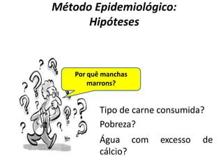 Método Epidemiológico:
Hipóteses
Por quê manchas
marrons?
Tipo de carne consumida?
Pobreza?
Água com excesso de
cálcio?
 